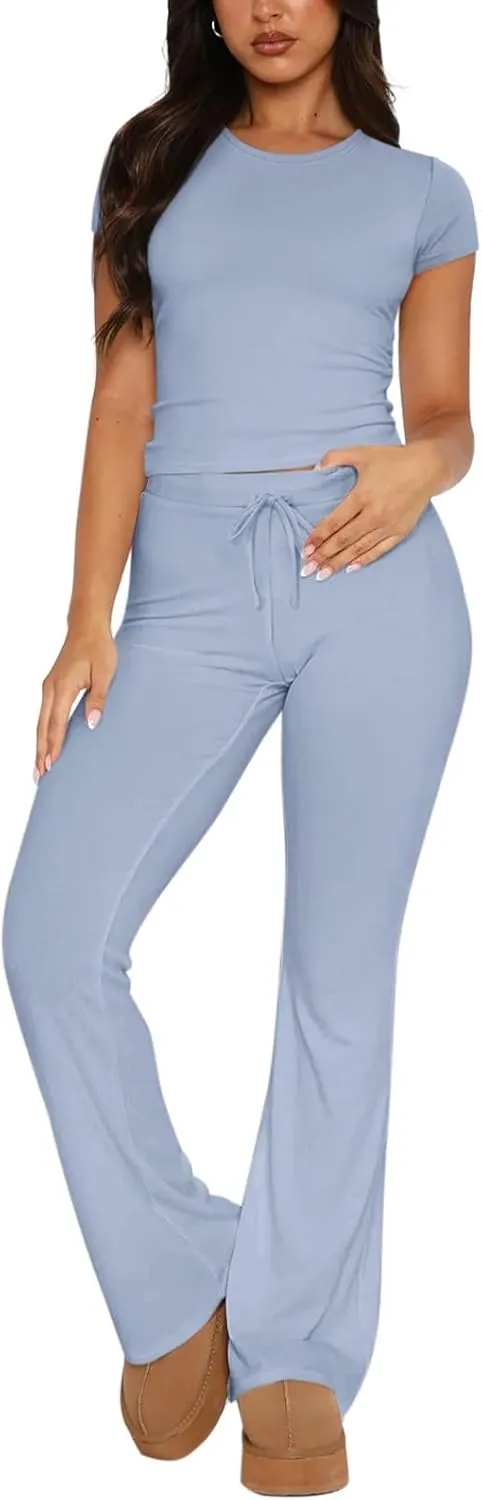REORIA Women's 2 Piece Lounge Sets Short Sleeve Basic Tops Straight Leg Pants Comfy Casual Outfits Tracksuits