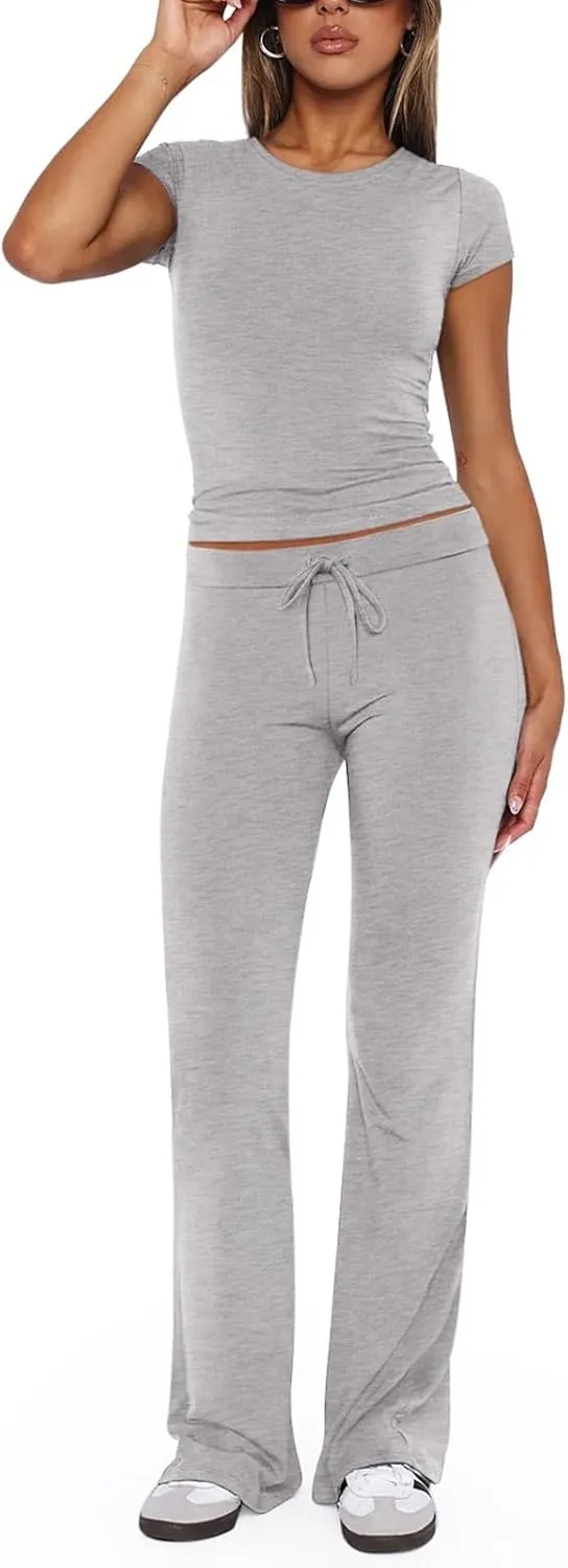 REORIA Women's 2 Piece Lounge Sets Short Sleeve Basic Tops Straight Leg Pants Comfy Casual Outfits Tracksuits