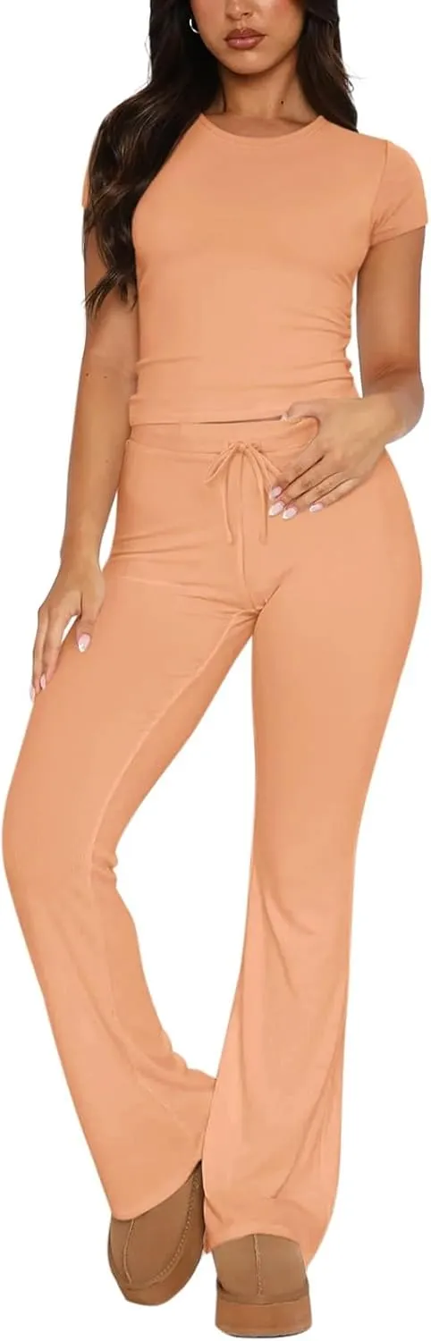 REORIA Women's 2 Piece Lounge Sets Short Sleeve Basic Tops Straight Leg Pants Comfy Casual Outfits Tracksuits