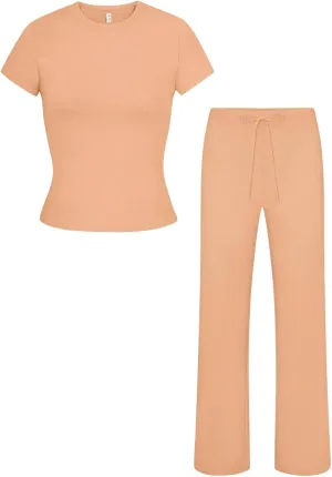 REORIA Women's 2 Piece Lounge Sets Short Sleeve Basic Tops Straight Leg Pants Comfy Casual Outfits Tracksuits