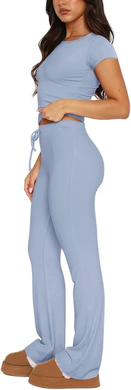 REORIA Women's 2 Piece Lounge Sets Short Sleeve Basic Tops Straight Leg Pants Comfy Casual Outfits Tracksuits
