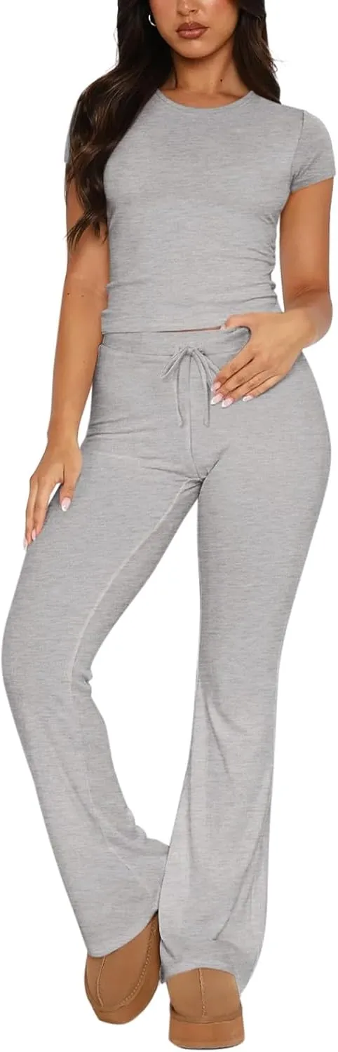 REORIA Women's 2 Piece Lounge Sets Short Sleeve Basic Tops Straight Leg Pants Comfy Casual Outfits Tracksuits