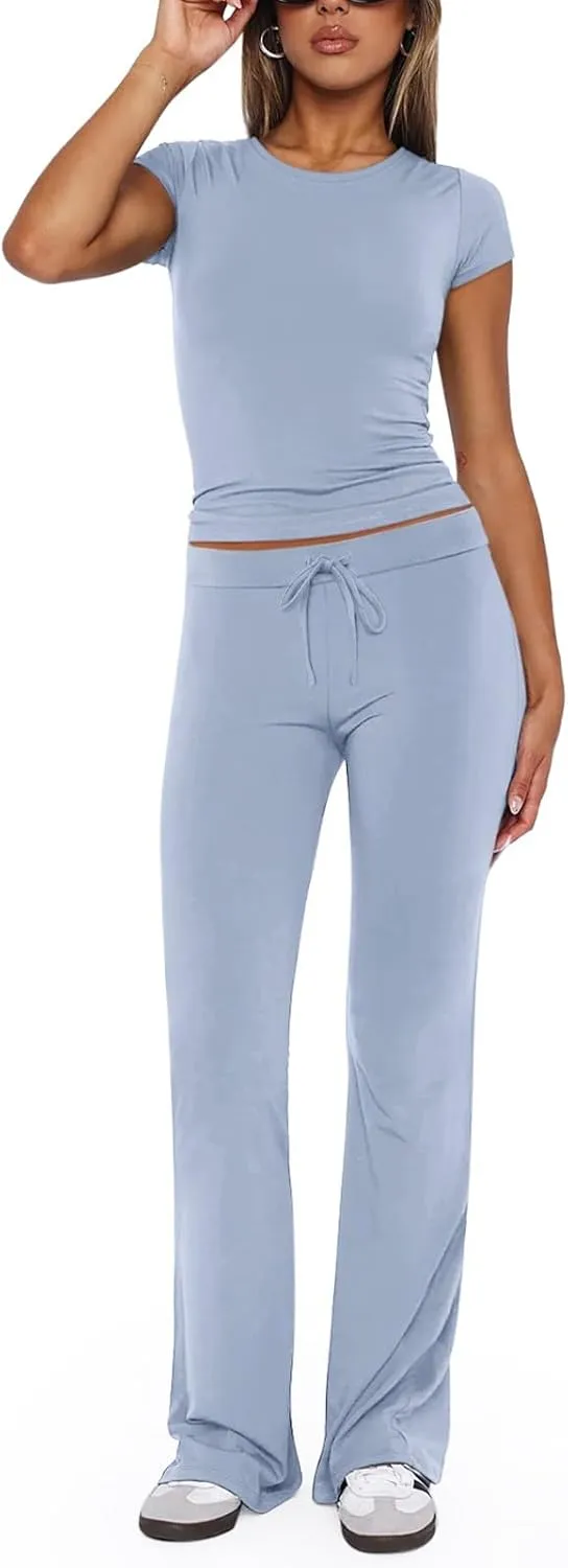 REORIA Women's 2 Piece Lounge Sets Short Sleeve Basic Tops Straight Leg Pants Comfy Casual Outfits Tracksuits