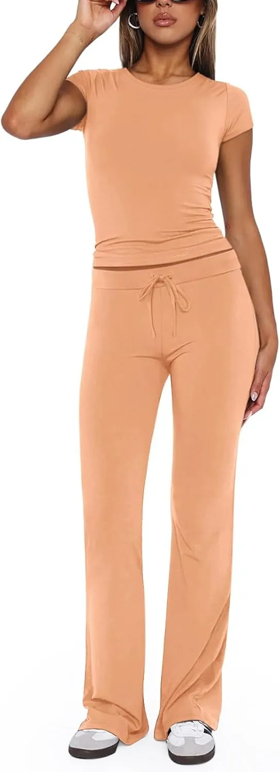 REORIA Women's 2 Piece Lounge Sets Short Sleeve Basic Tops Straight Leg Pants Comfy Casual Outfits Tracksuits