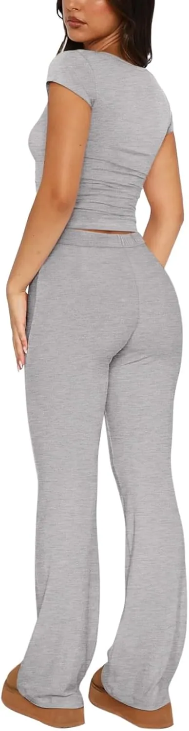 REORIA Women's 2 Piece Lounge Sets Short Sleeve Basic Tops Straight Leg Pants Comfy Casual Outfits Tracksuits