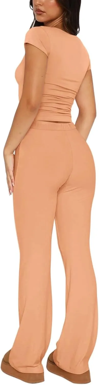 REORIA Women's 2 Piece Lounge Sets Short Sleeve Basic Tops Straight Leg Pants Comfy Casual Outfits Tracksuits