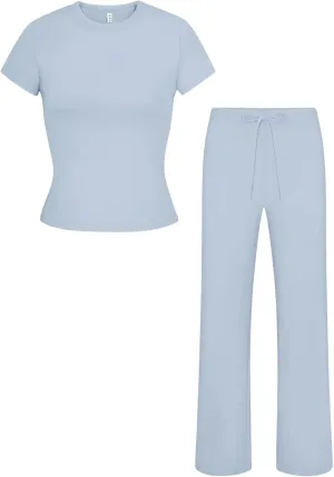 REORIA Women's 2 Piece Lounge Sets Short Sleeve Basic Tops Straight Leg Pants Comfy Casual Outfits Tracksuits
