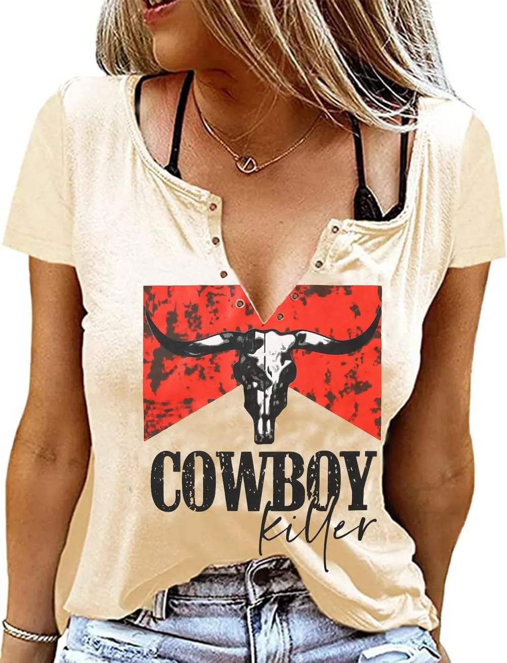 Retro Western Cowboy Shirt Women Country Music Cute Cattle Skull Graphic Concert Outfit Tops