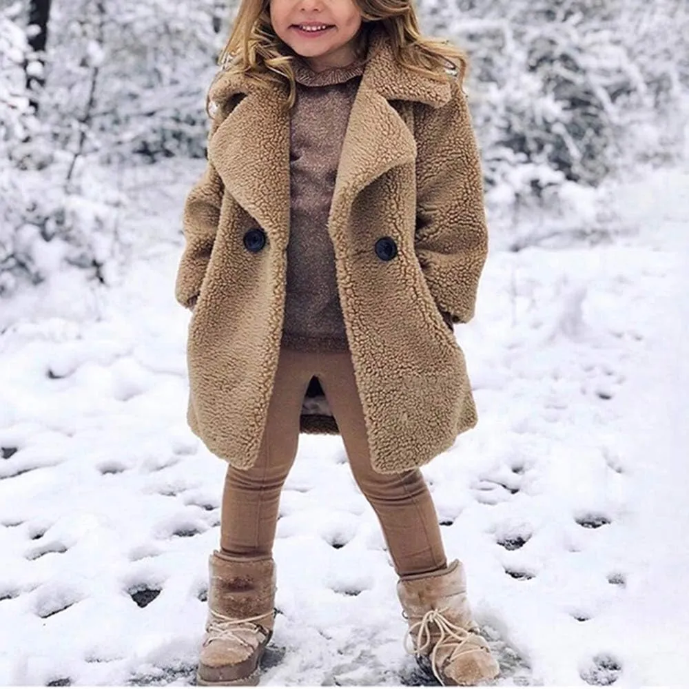 rrhss Baby Girls Faux Fur Teddy Long Coat Toddler Kids Winter Fleece Jacket Warm Outwear Clothes