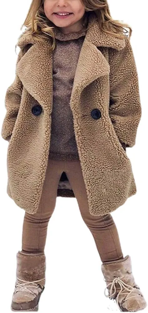 rrhss Baby Girls Faux Fur Teddy Long Coat Toddler Kids Winter Fleece Jacket Warm Outwear Clothes