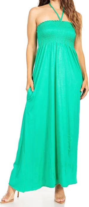 Sakkas Soft Jersey Feel Solid Color Smocked Bodice String Halter Long Dress