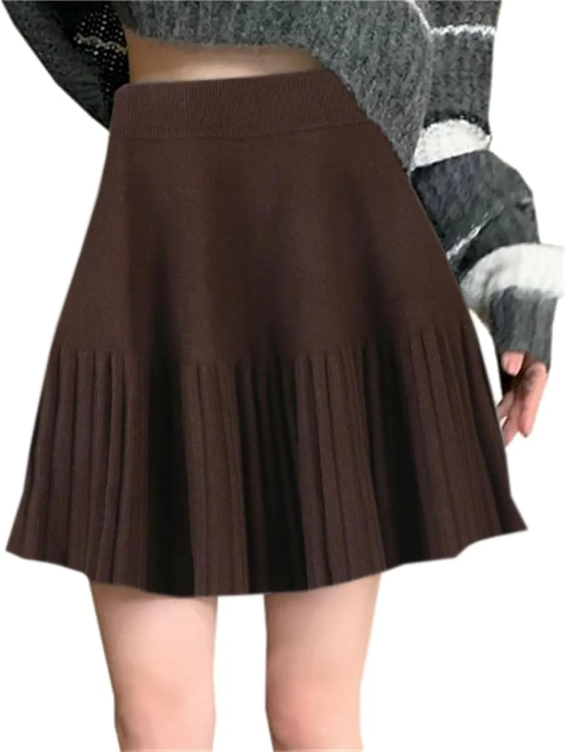 SANGTREE Women's Cute Stretchy Knit Short Pleated Solid Sweater Skirt