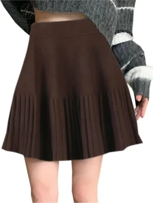 SANGTREE Women's Cute Stretchy Knit Short Pleated Solid Sweater Skirt