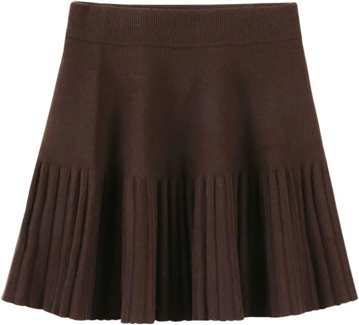 SANGTREE Women's Cute Stretchy Knit Short Pleated Solid Sweater Skirt