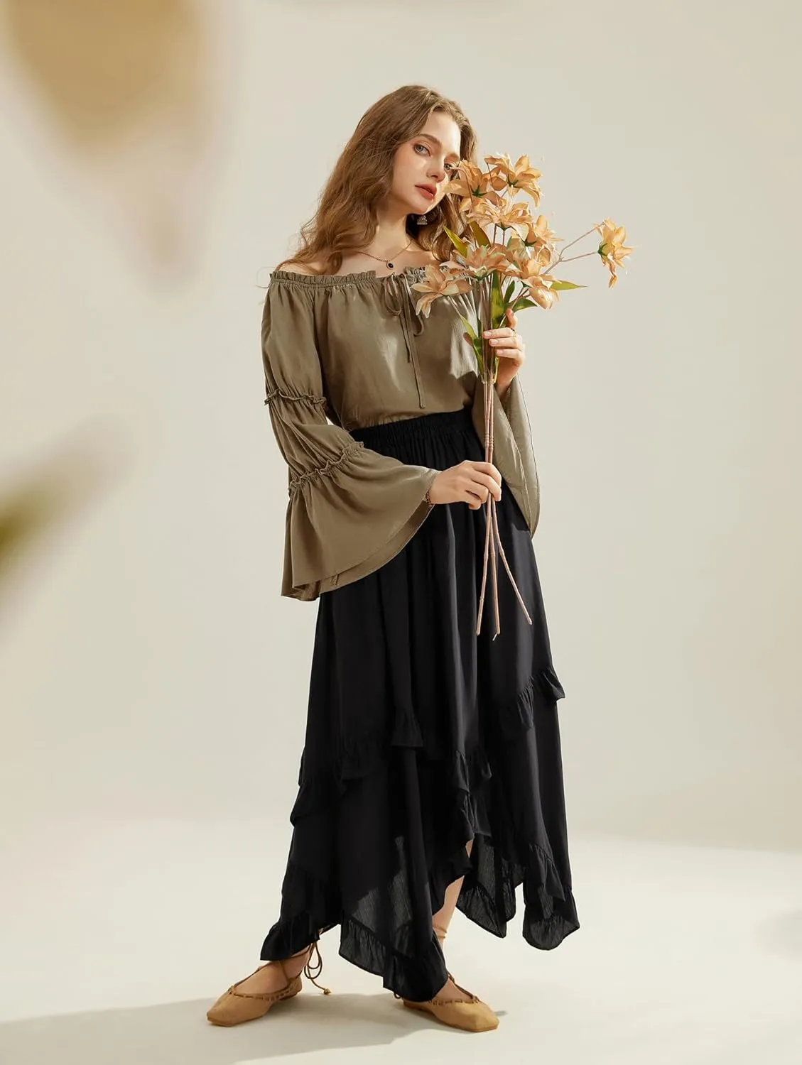 Scarlet Darkness Women Bell Sleeve Tops Ruffle Off Shoulder Casual Loose Renaissance Peasant Blouse