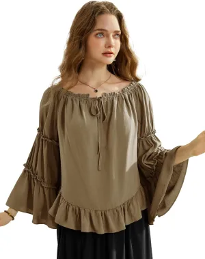 Scarlet Darkness Women Bell Sleeve Tops Ruffle Off Shoulder Casual Loose Renaissance Peasant Blouse