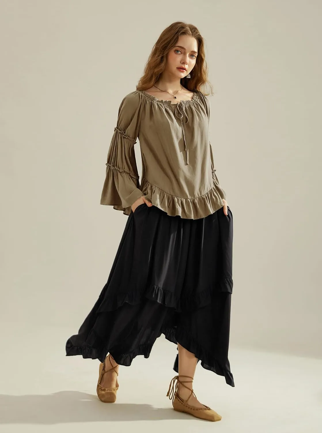 Scarlet Darkness Women Bell Sleeve Tops Ruffle Off Shoulder Casual Loose Renaissance Peasant Blouse
