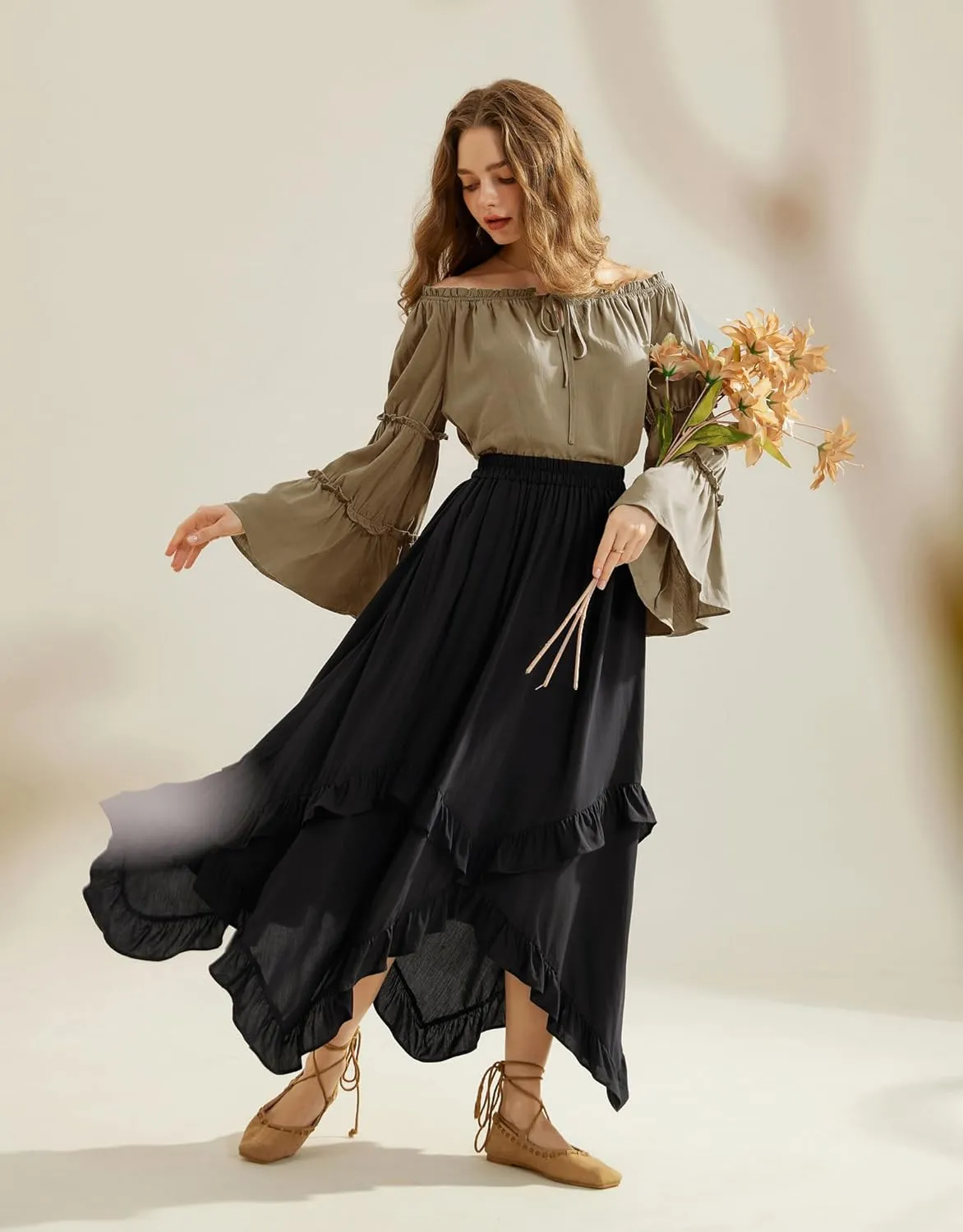 Scarlet Darkness Women Bell Sleeve Tops Ruffle Off Shoulder Casual Loose Renaissance Peasant Blouse