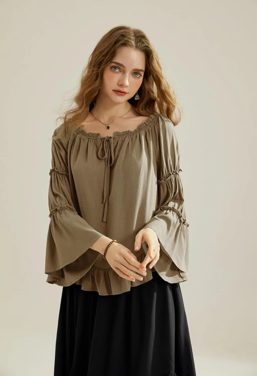 Scarlet Darkness Women Bell Sleeve Tops Ruffle Off Shoulder Casual Loose Renaissance Peasant Blouse