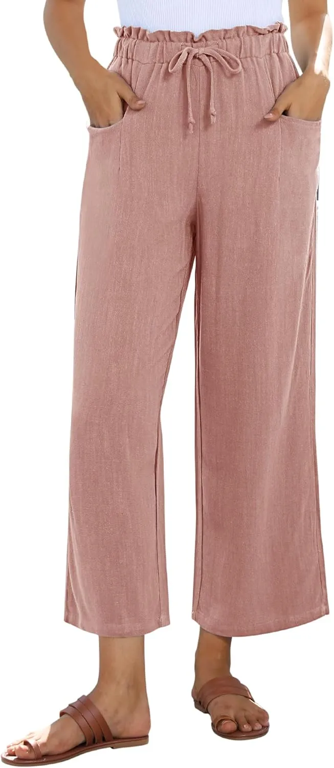 siliteelon Wide Leg Linen Pants for Women Summer Capri Palazzo Flowy Pants Casual Loose High Waist Trousers with Pockets