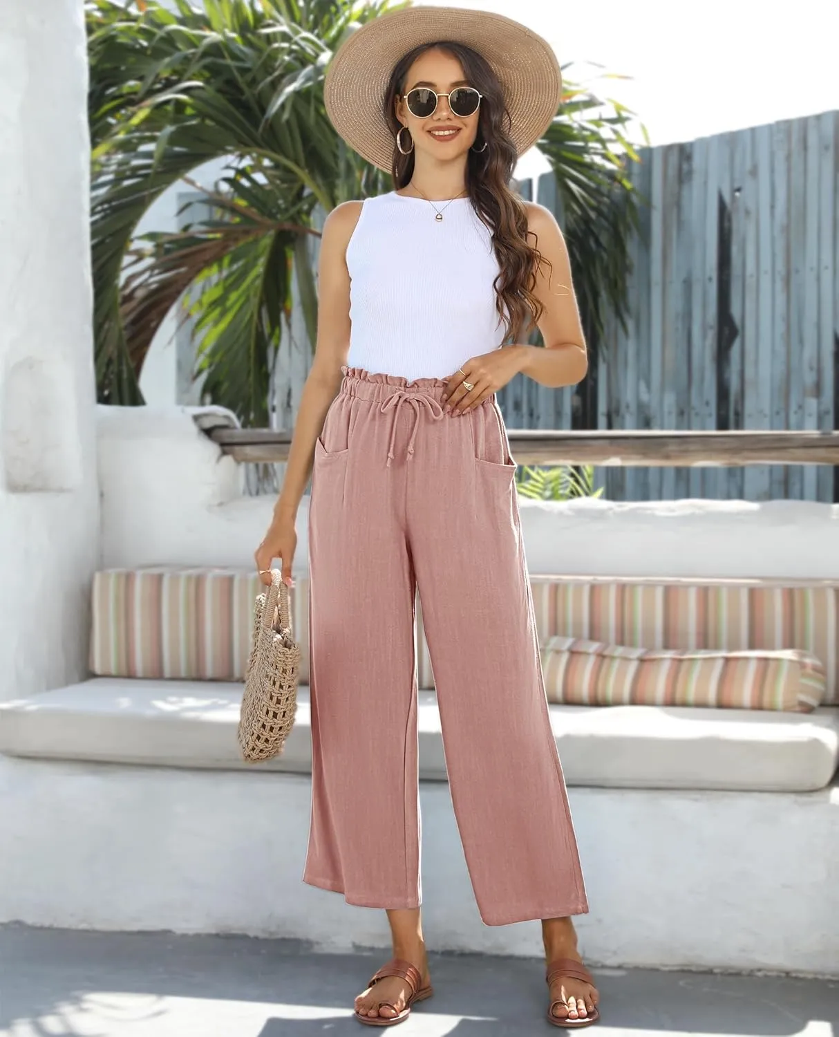 siliteelon Wide Leg Linen Pants for Women Summer Capri Palazzo Flowy Pants Casual Loose High Waist Trousers with Pockets