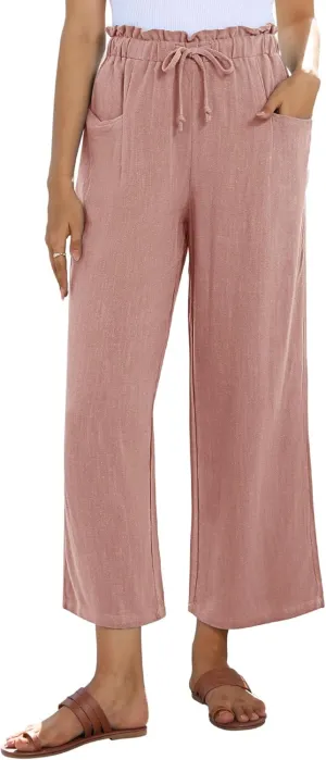 siliteelon Wide Leg Linen Pants for Women Summer Capri Palazzo Flowy Pants Casual Loose High Waist Trousers with Pockets