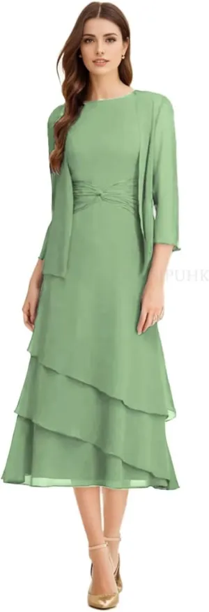 SIPUHK 2 Pieces Mother of The Bride Dresses for Wedding Tea Length Chiffon Tiered Ruffle 3/4 Sleeve Formal Dresses for Women