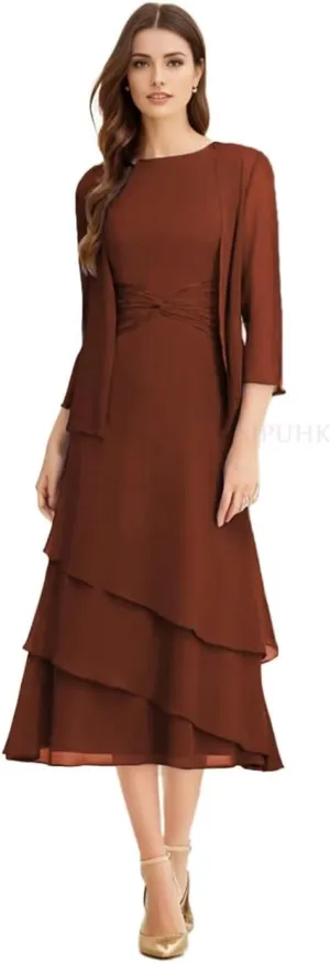 SIPUHK 2 Pieces Mother of The Bride Dresses for Wedding Tea Length Chiffon Tiered Ruffle 3/4 Sleeve Formal Dresses for Women