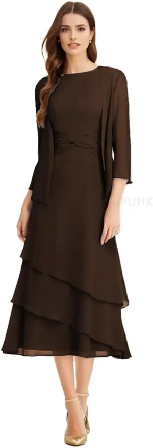 SIPUHK 2 Pieces Mother of The Bride Dresses for Wedding Tea Length Chiffon Tiered Ruffle 3/4 Sleeve Formal Dresses for Women