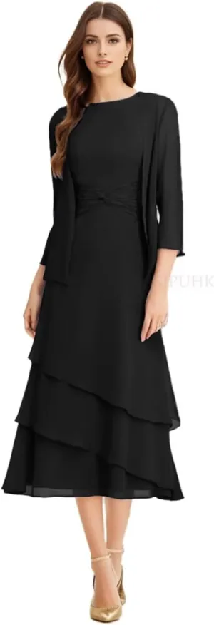 SIPUHK 2 Pieces Mother of The Bride Dresses for Wedding Tea Length Chiffon Tiered Ruffle 3/4 Sleeve Formal Dresses for Women