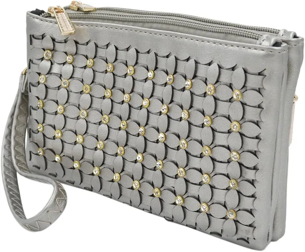 Soft PU Leather Braided Floral Rhinestone Clutch Wristlet Wallet Crossbody Bag