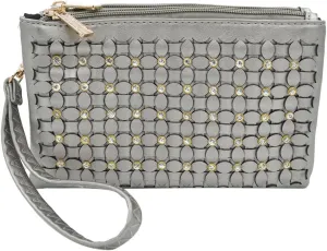 Soft PU Leather Braided Floral Rhinestone Clutch Wristlet Wallet Crossbody Bag