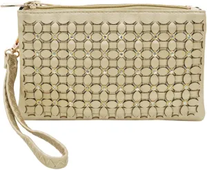 Soft PU Leather Braided Floral Rhinestone Clutch Wristlet Wallet Crossbody Bag
