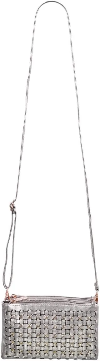 Soft PU Leather Braided Floral Rhinestone Clutch Wristlet Wallet Crossbody Bag