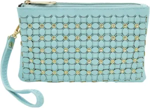 Soft PU Leather Braided Floral Rhinestone Clutch Wristlet Wallet Crossbody Bag