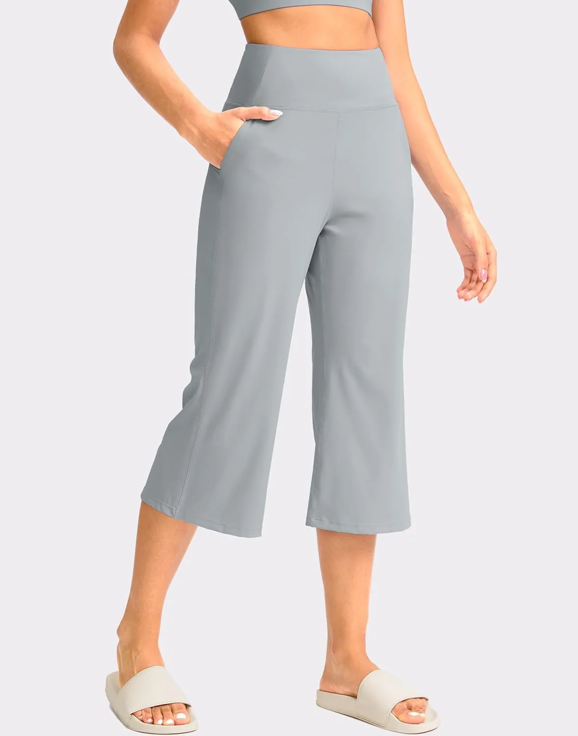 Soothfeel Capri Pants for Women Wide Leg Yoga Pants with Pockets High Waist Casual Dress Crop Pants