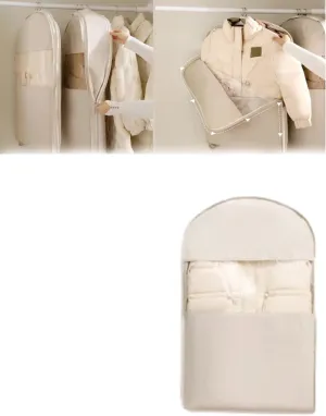 Space Saving Hanging Garment Bag with Self Compression Zipper, Space Saver Coat Storage Bag, Dust Cover Clothes Bags for down Coat, Travel Bags with Hanger, For Closet Storage(Beige,Small)