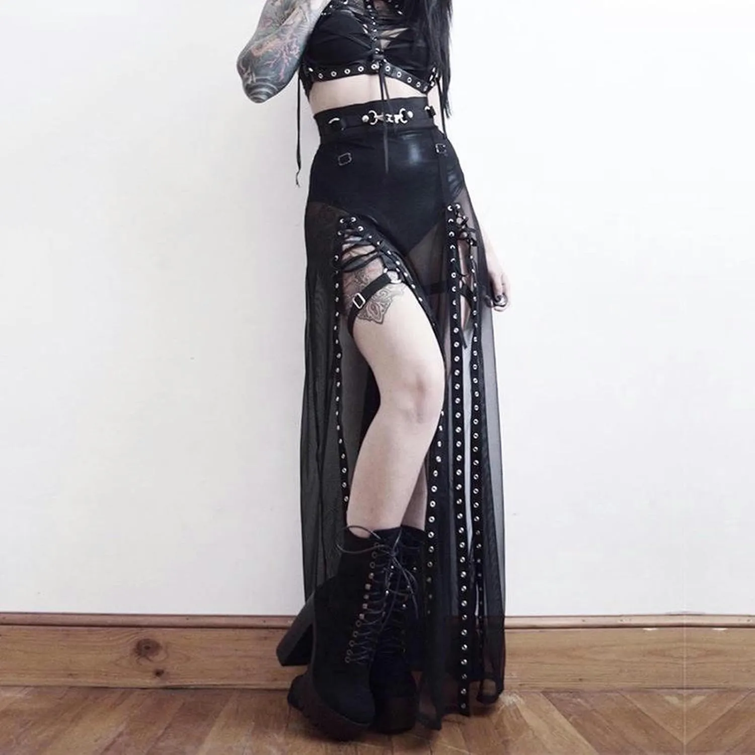 Spliced Slit Skirt High Waist Design Long Skirt Women-Black-L