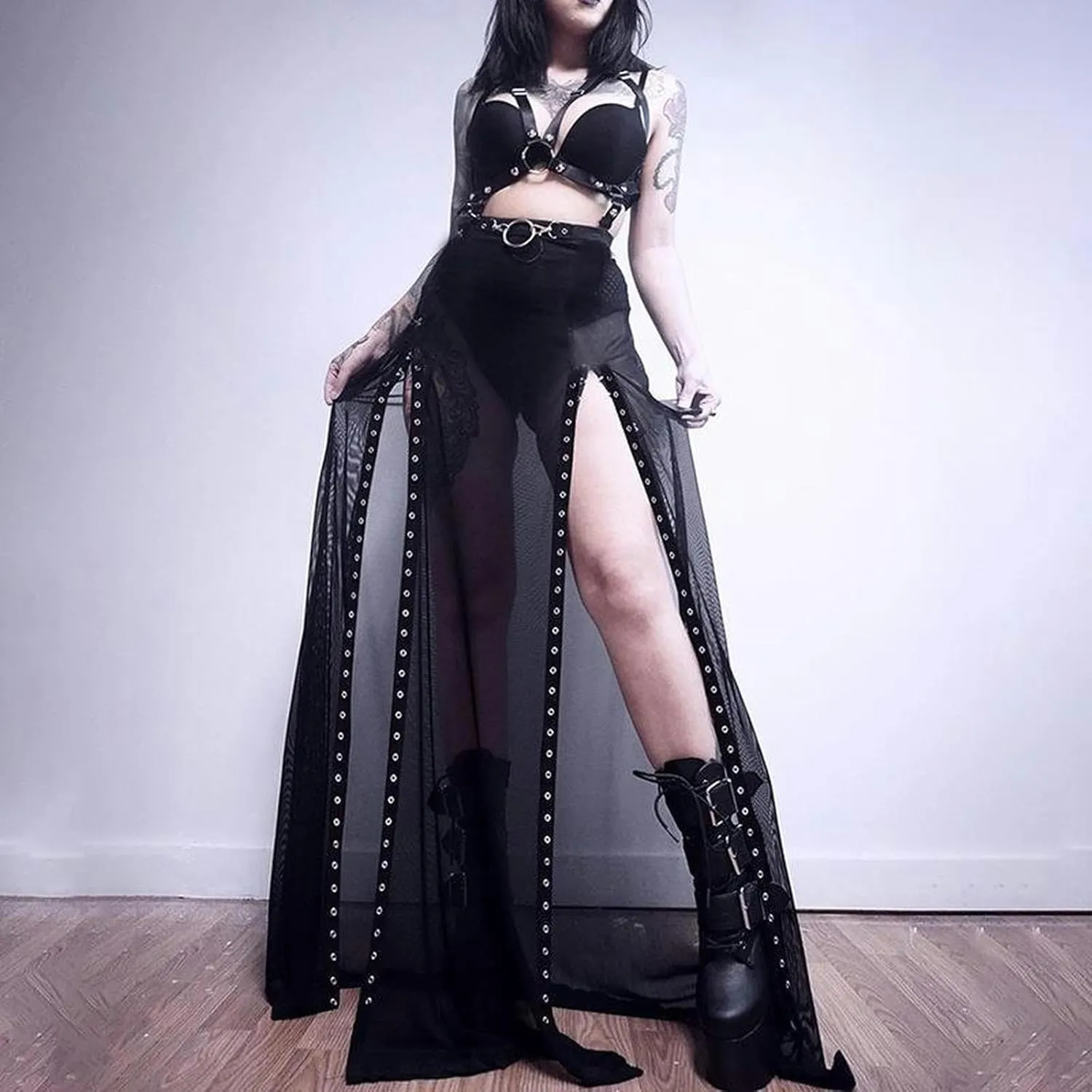 Spliced Slit Skirt High Waist Design Long Skirt Women-Black-L