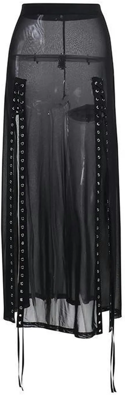 Spliced Slit Skirt High Waist Design Long Skirt Women-Black-L