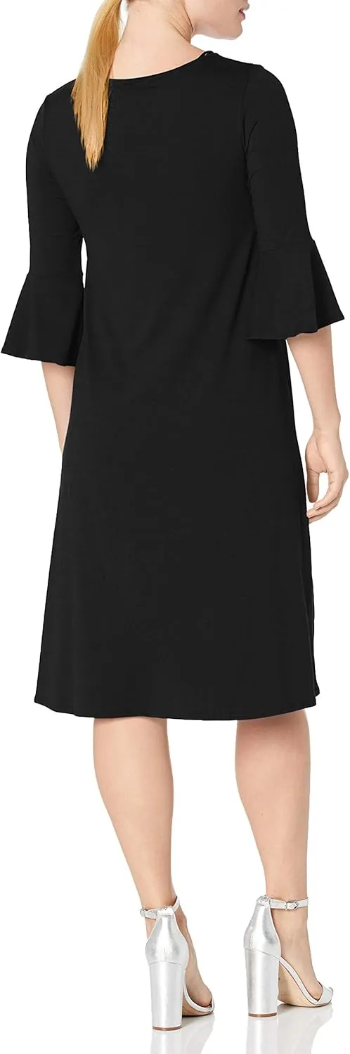 Star Vixen Women's Petite Modest Soft Knit Bell-Sleeve Midi-Length Dress