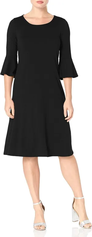 Star Vixen Women's Petite Modest Soft Knit Bell-Sleeve Midi-Length Dress