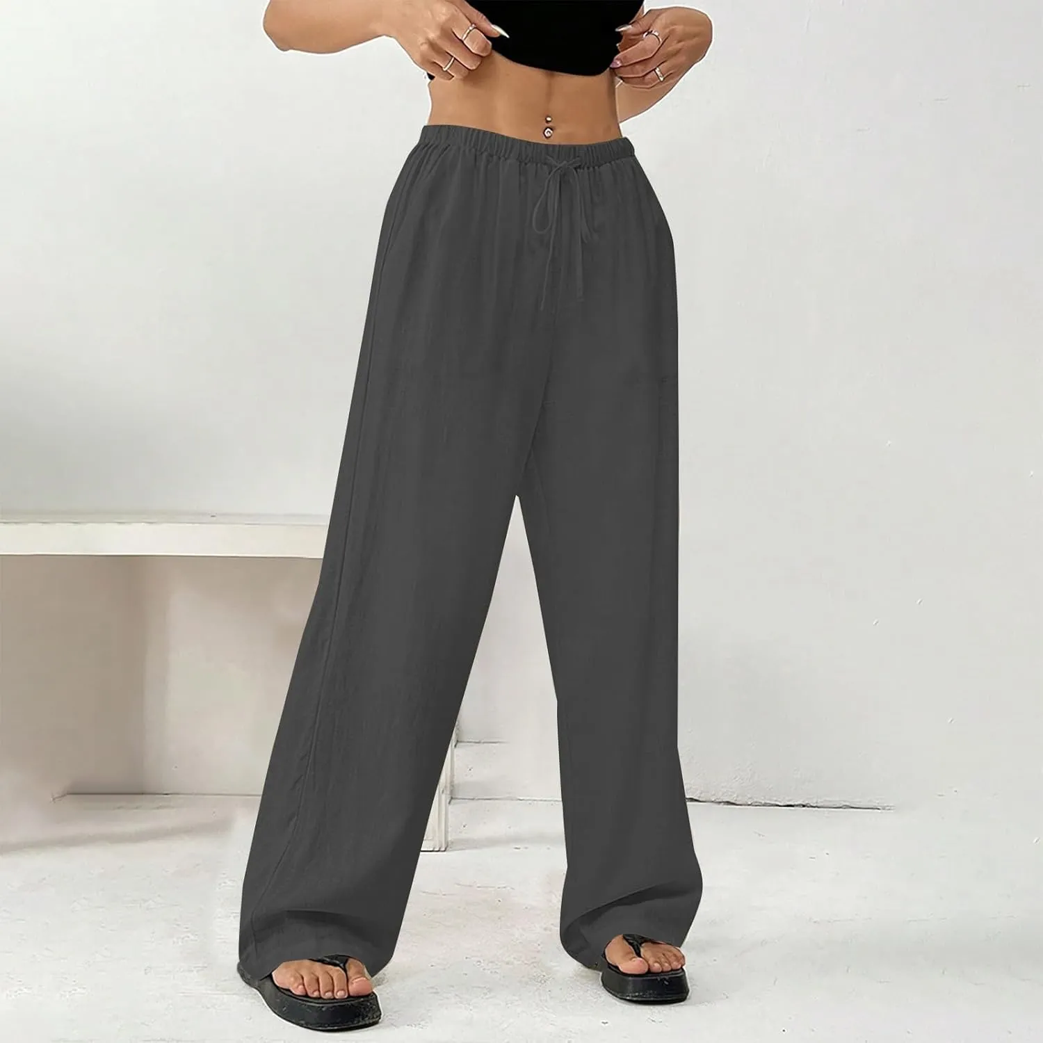Summer Linen Palazzo Pants for Women Flowy Wide Leg Beach Trousers Loose Casual High Waist Yoga Pants with Pockets