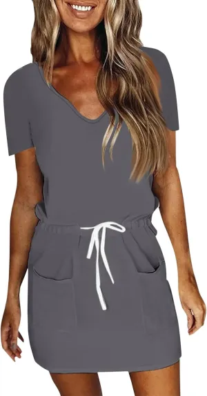 Summer Midi Dress for Women Waist Drawstring Short Sleeve V Neck A Line Loose Casual Short Sundress with Pockets 2025