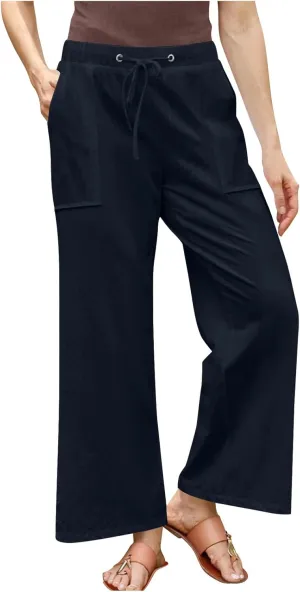 Summer Pants for Women Plus Size Cotton Linen Pant High Waisted Drawstring Wide Leg Lounge Trousers with Pockets