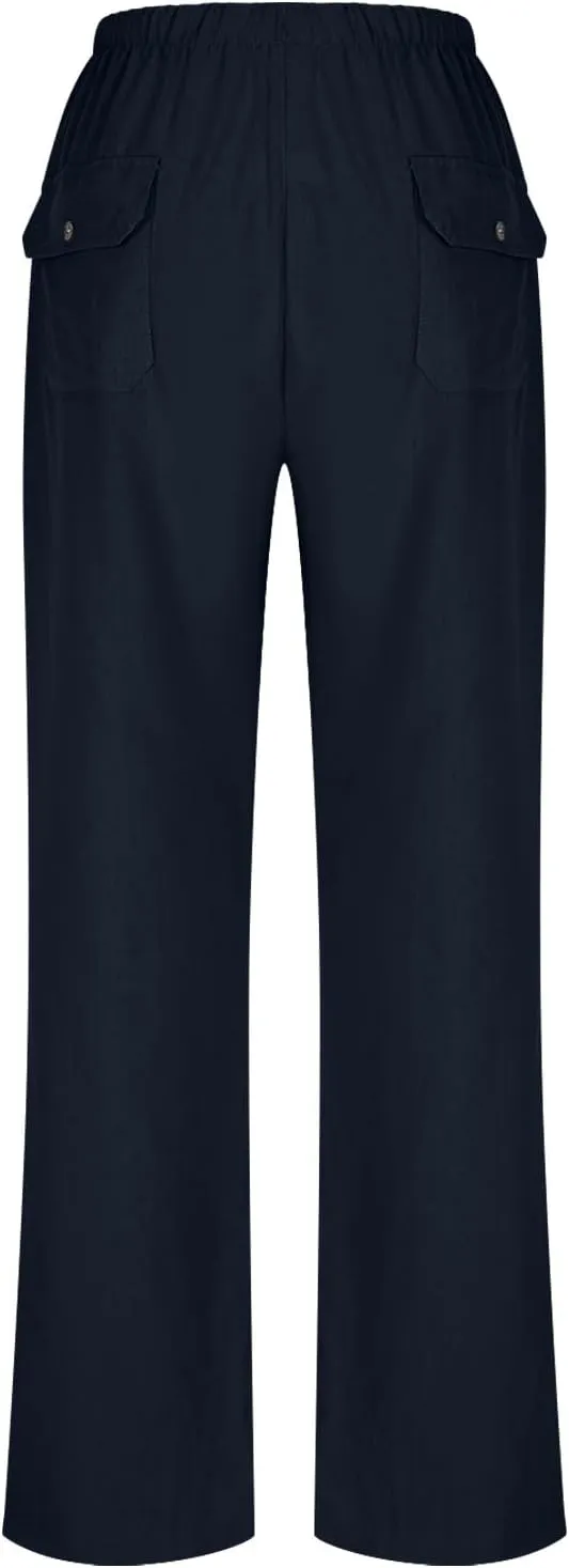 Summer Pants for Women Plus Size Cotton Linen Pant High Waisted Drawstring Wide Leg Lounge Trousers with Pockets