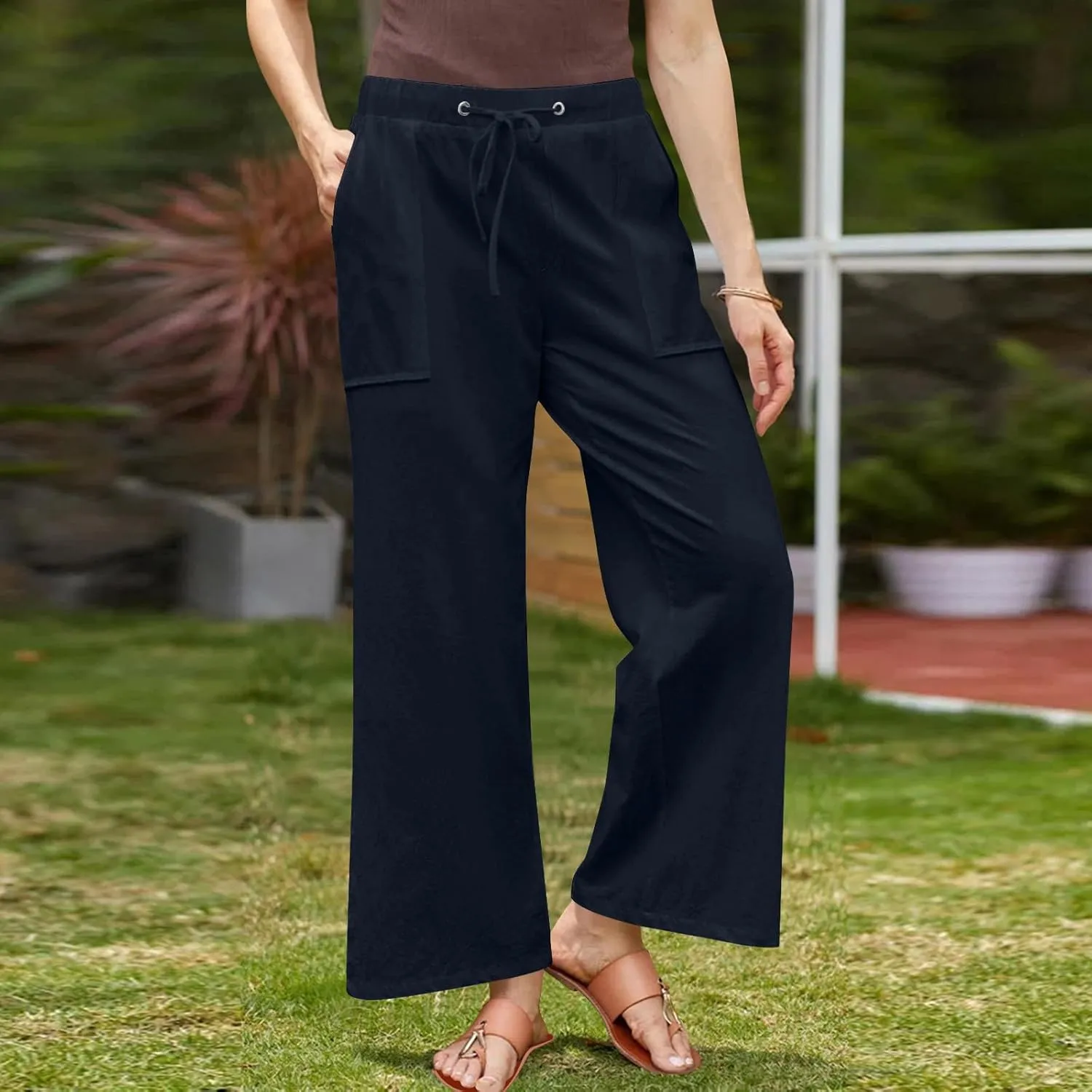 Summer Pants for Women Plus Size Cotton Linen Pant High Waisted Drawstring Wide Leg Lounge Trousers with Pockets