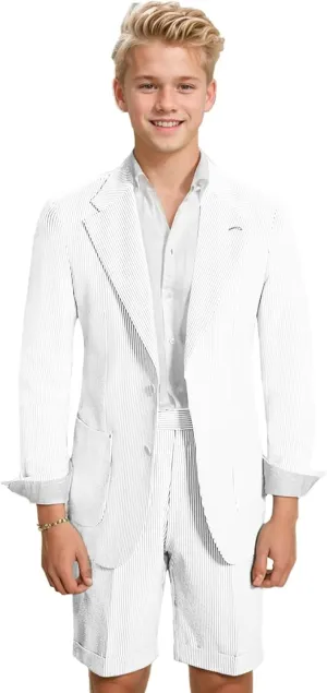 Summer Seersucker Boys Suit 2 Piece Slim Fit Tuxedo Suits Blazer Jacket Short Pants Wedding Beach Outfit Set for Boy