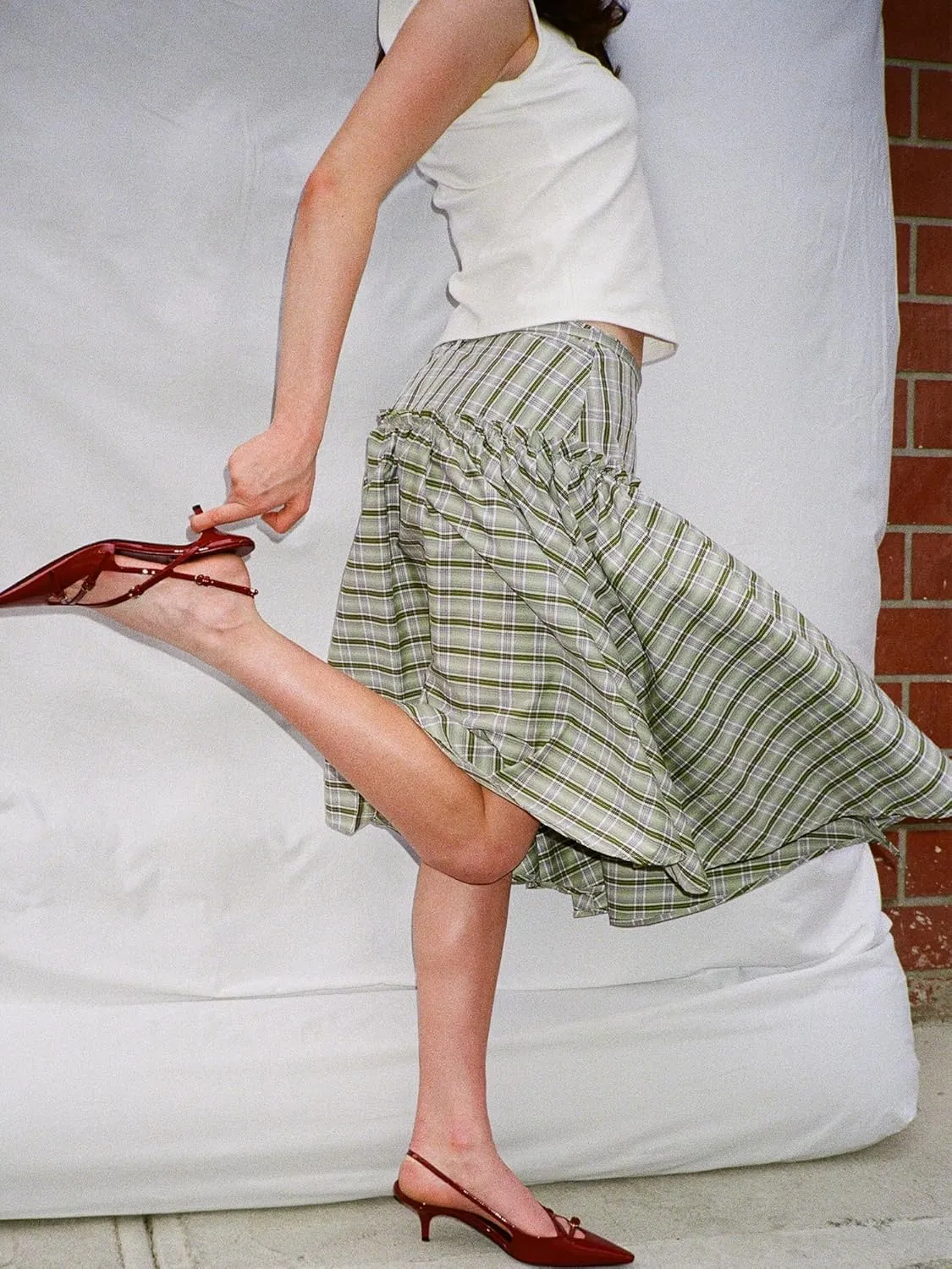 Sunloudy Women Gingham Print Midi Skirt Low Rise Plaid A Line Maxi Skirt Trendy Pleated Swing Long Skirt