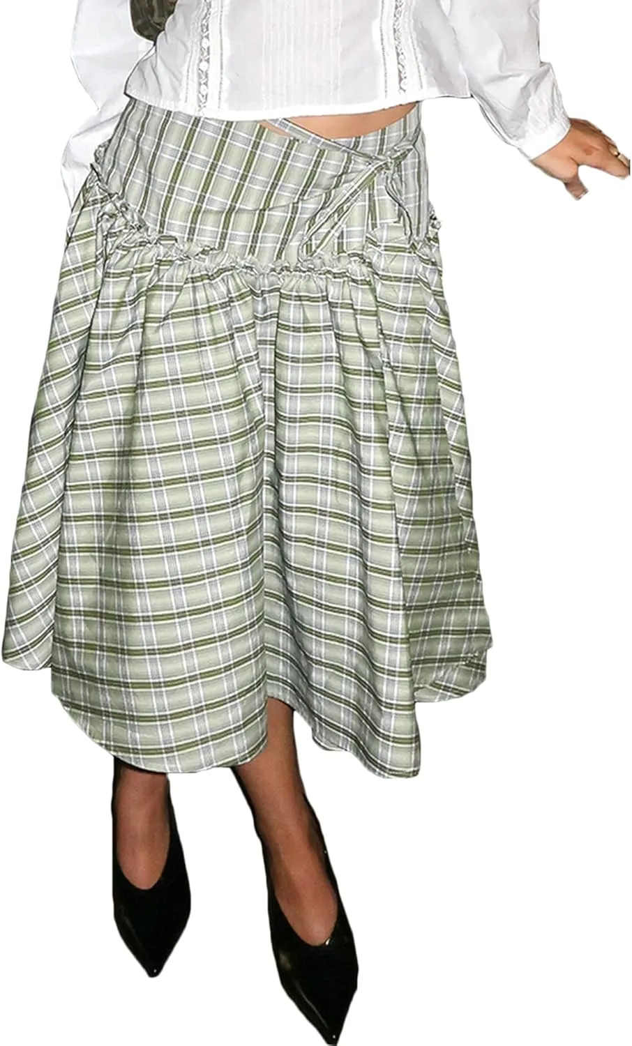 Sunloudy Women Gingham Print Midi Skirt Low Rise Plaid A Line Maxi Skirt Trendy Pleated Swing Long Skirt